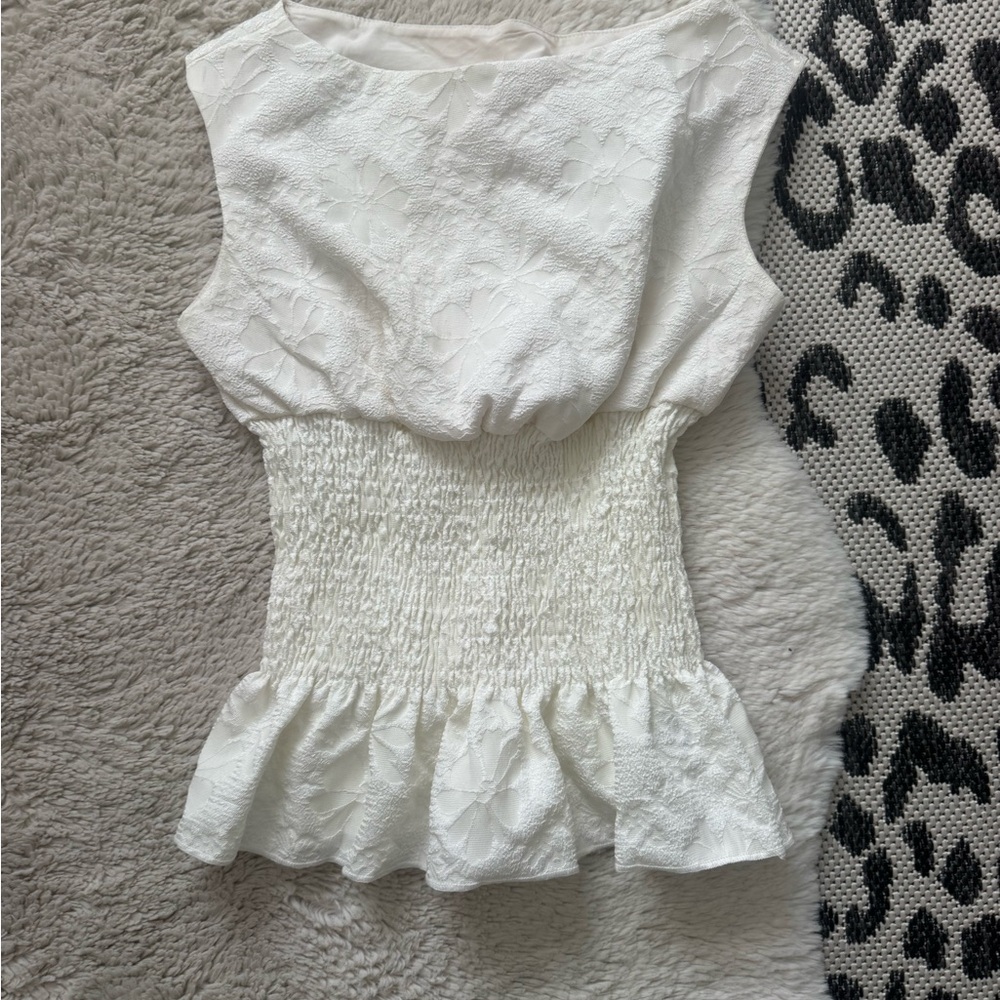 White Floral Smocked Peplum Women’s Top